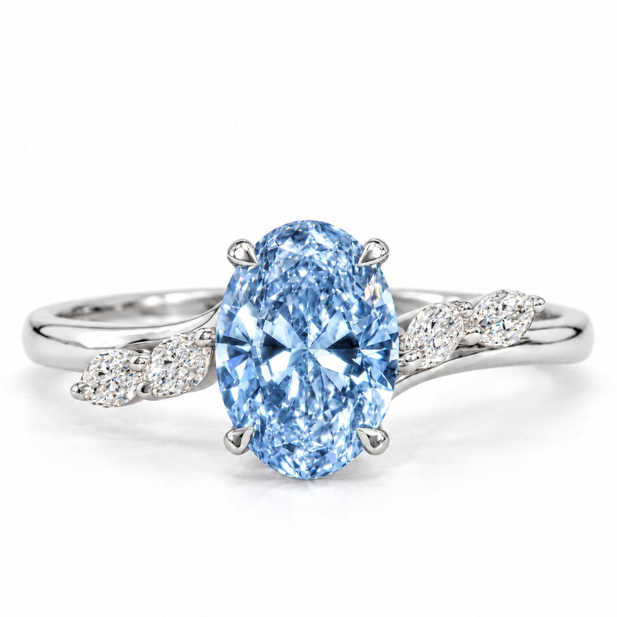 Blue Oval Cut Lab Grown Diamond Engagement Ring - Leaf Bypass in white gold, front view