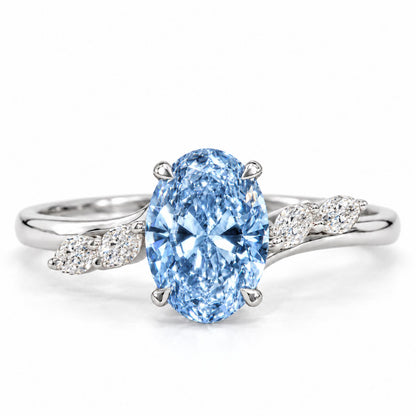 Blue Oval Cut Lab Grown Diamond Engagement Ring - Leaf Bypass in white gold, front view