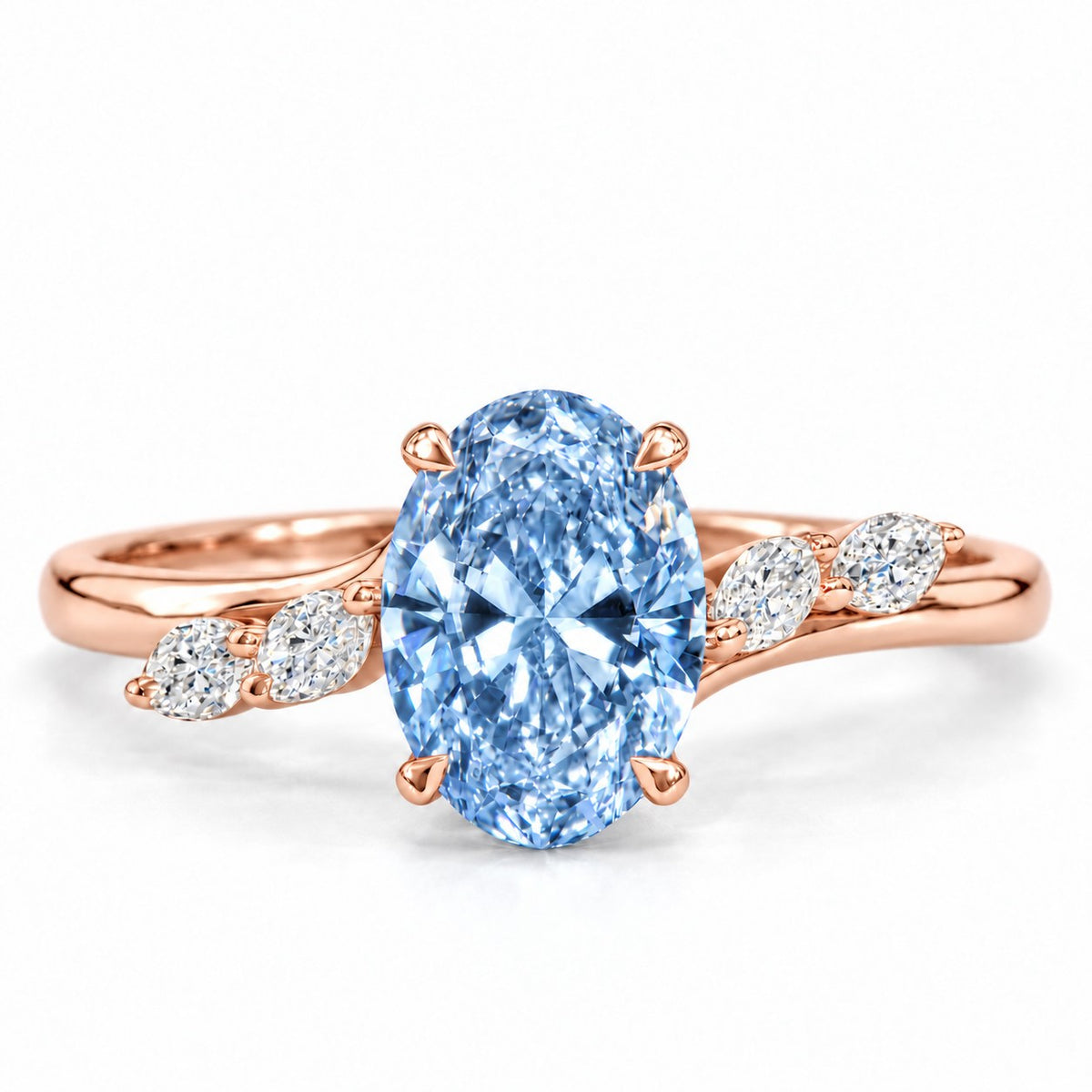 Blue Oval Cut Lab Grown Diamond Engagement Ring - Leaf Bypass in rose gold, front view