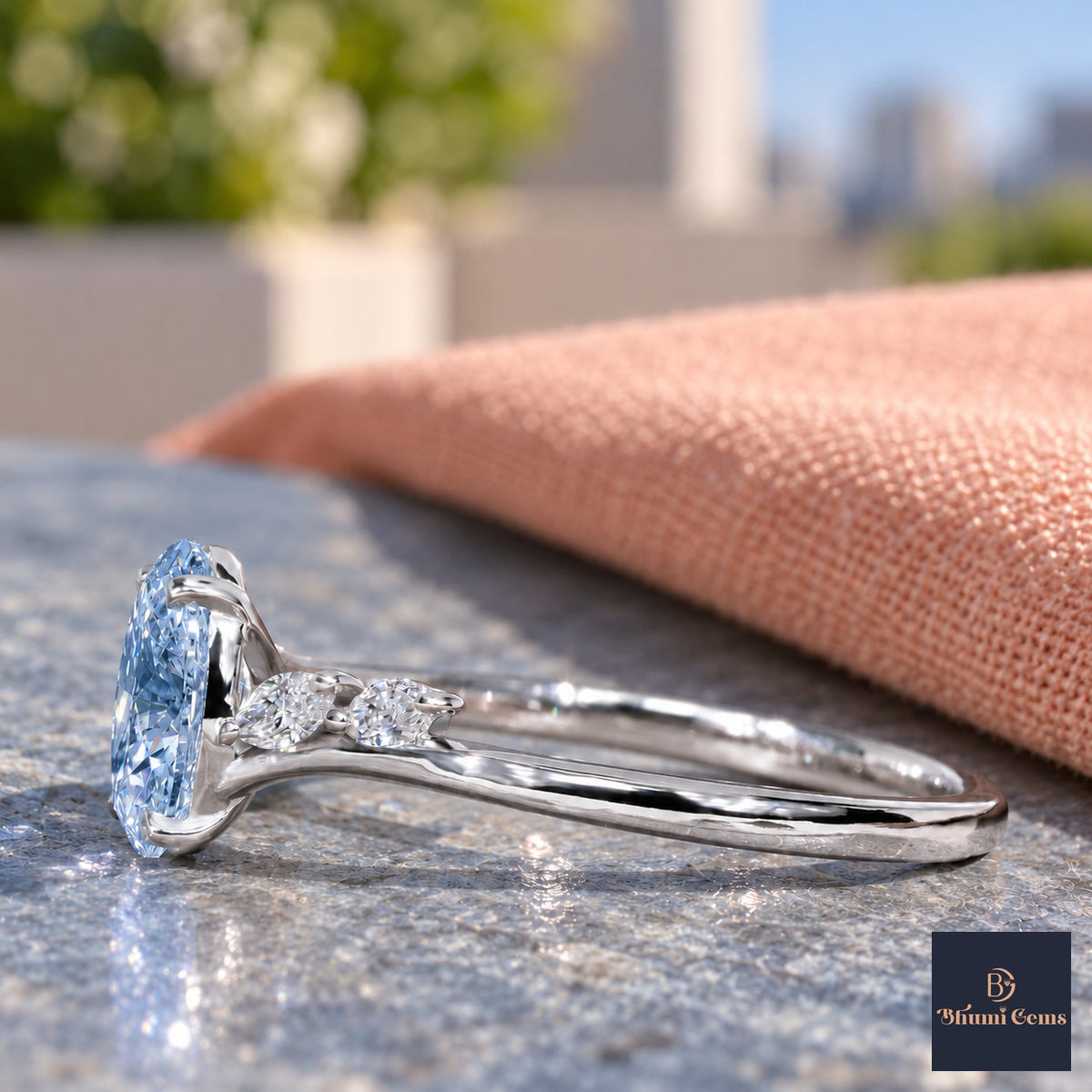 Blue Oval Cut Lab Grown Diamond Engagement Ring - Leaf Bypass in white gold, side view