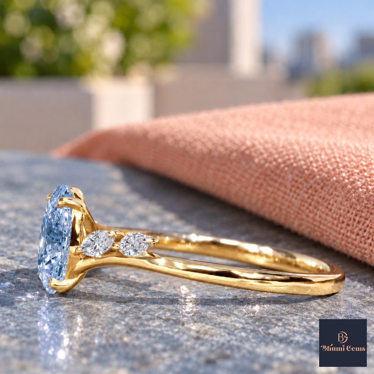 Blue Oval Cut Lab Grown Diamond Engagement Ring - Leaf Bypass in yellow gold, side view