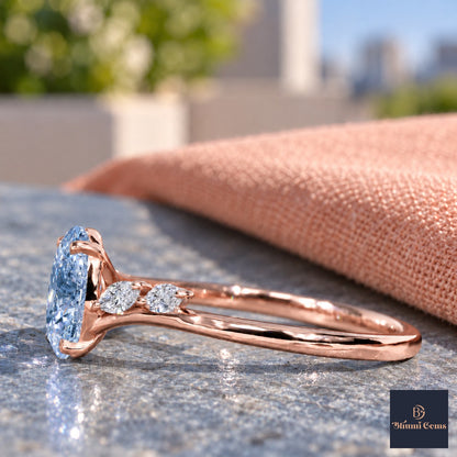 Blue Oval Cut Lab Grown Diamond Engagement Ring - Leaf Bypass in rose gold, side view