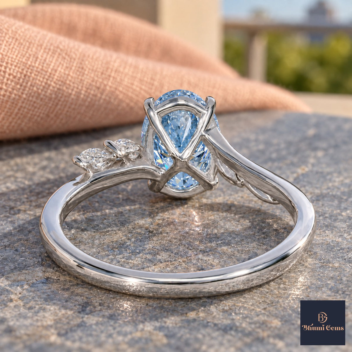 Blue Oval Cut Lab Grown Diamond Engagement Ring - Leaf Bypass in white gold, gallery view