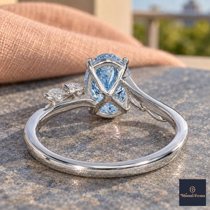 Blue Oval Cut Lab Grown Diamond Engagement Ring - Leaf Bypass in white gold, gallery view