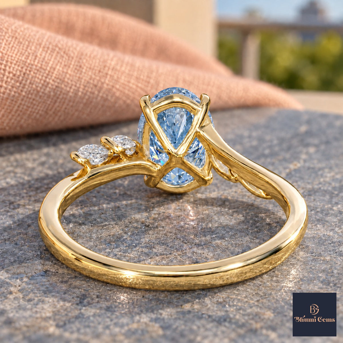 Blue Oval Cut Lab Grown Diamond Engagement Ring - Leaf Bypass in yellow gold, gallery view
