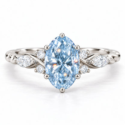 Blue Oval Cut Lab Grown Diamond Engagement Ring - Leaf Cluster Shoulders in white gold, front view