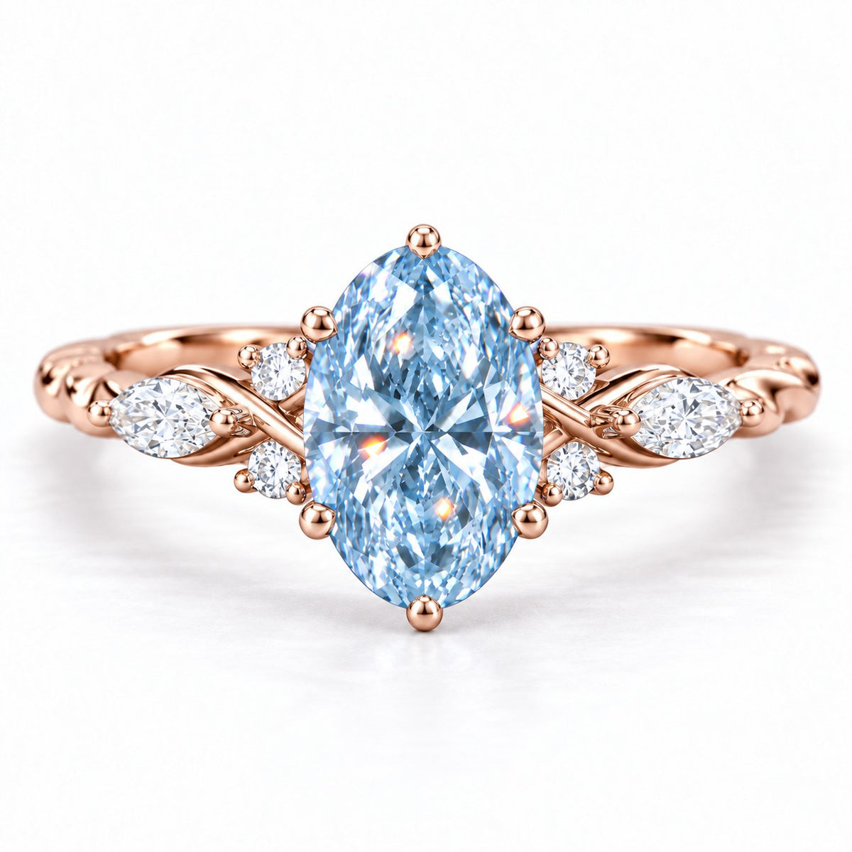 Blue Oval Cut Lab Grown Diamond Engagement Ring - Leaf Cluster Shoulders in rose gold, front view