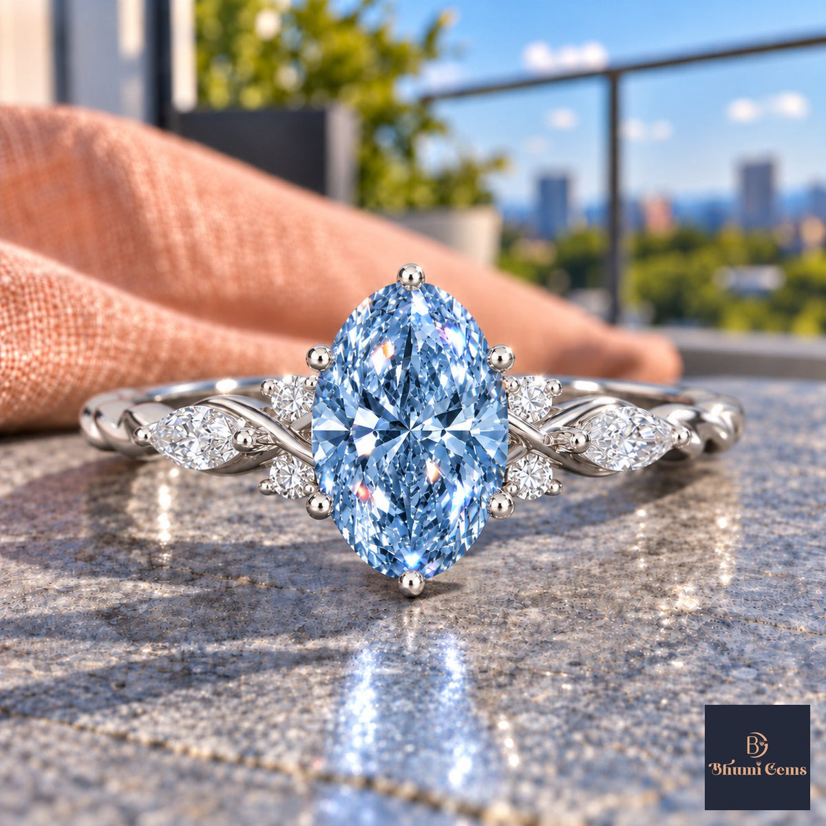 Blue Oval Cut Lab Grown Diamond Engagement Ring - Leaf Cluster Shoulders in white gold, close-up