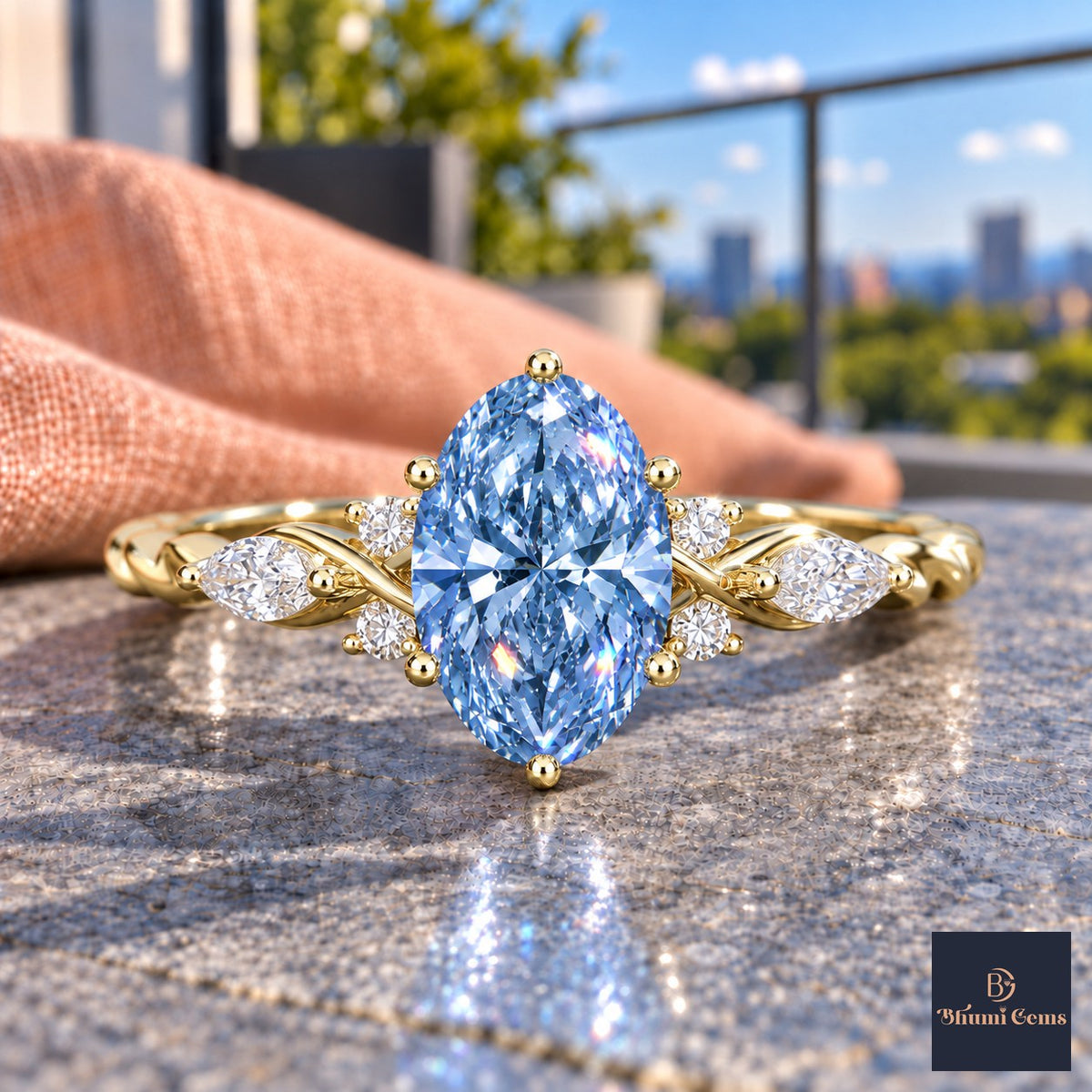Blue Oval Cut Lab Grown Diamond Engagement Ring - Leaf Cluster Shoulders in yellow gold, close-up