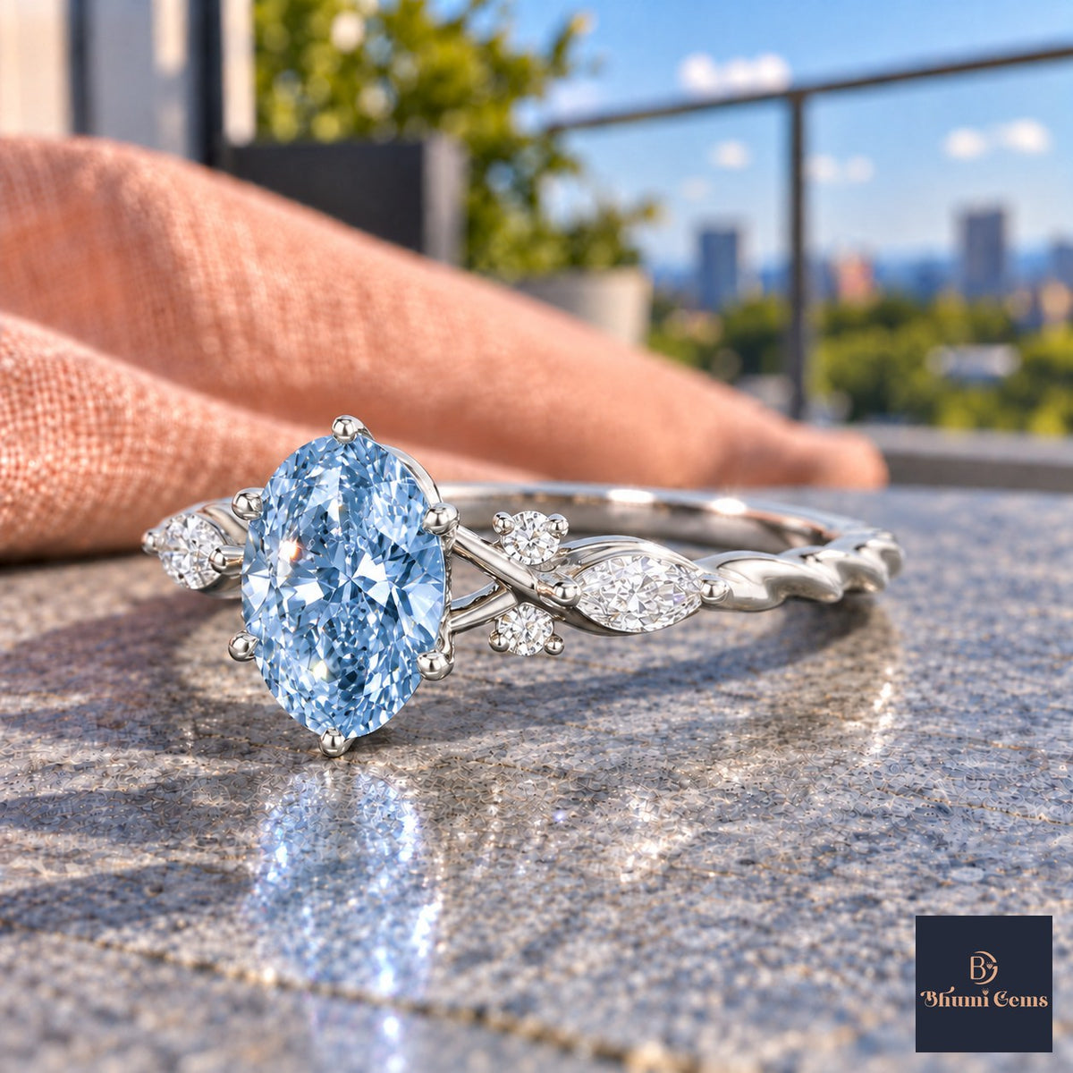 Blue Oval Cut Lab Grown Diamond Engagement Ring - Leaf Cluster Shoulders in white gold, side view