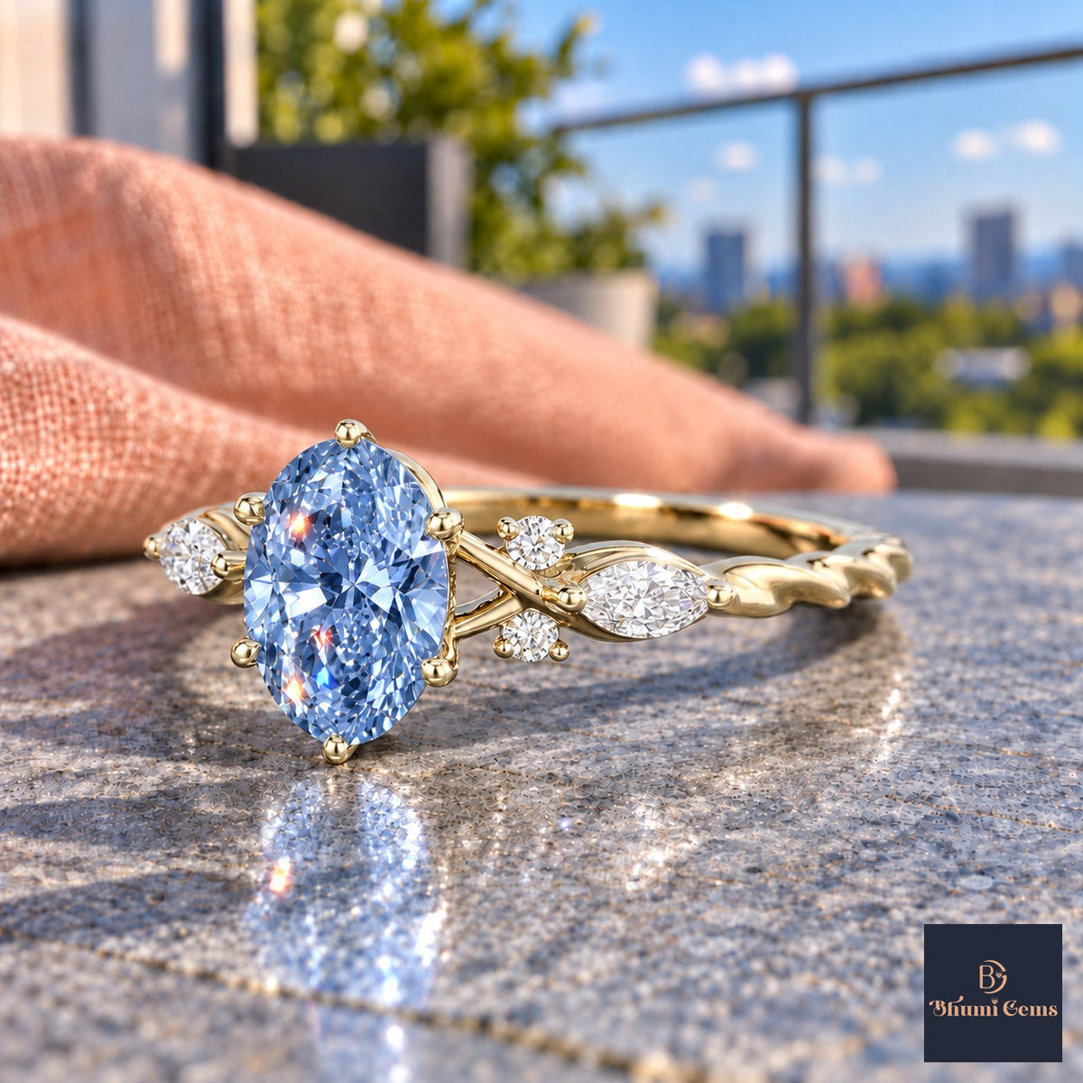 Blue Oval Cut Lab Grown Diamond Engagement Ring - Leaf Cluster Shoulders in yellow gold, side view