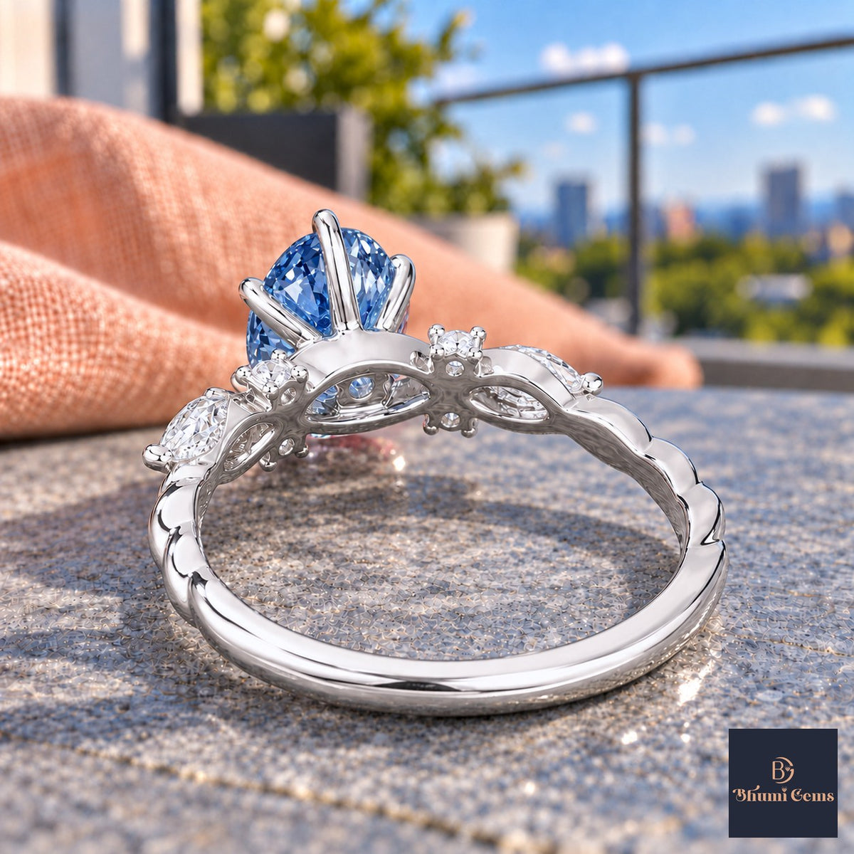 Blue Oval Cut Lab Grown Diamond Engagement Ring - Leaf Cluster Shoulders in white gold, gallery view