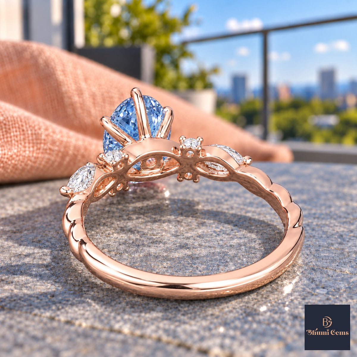 Blue Oval Cut Lab Grown Diamond Engagement Ring - Leaf Cluster Shoulders in rose gold, gallery view