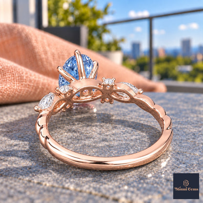 Blue Oval Cut Lab Grown Diamond Engagement Ring - Leaf Cluster Shoulders in rose gold, gallery view
