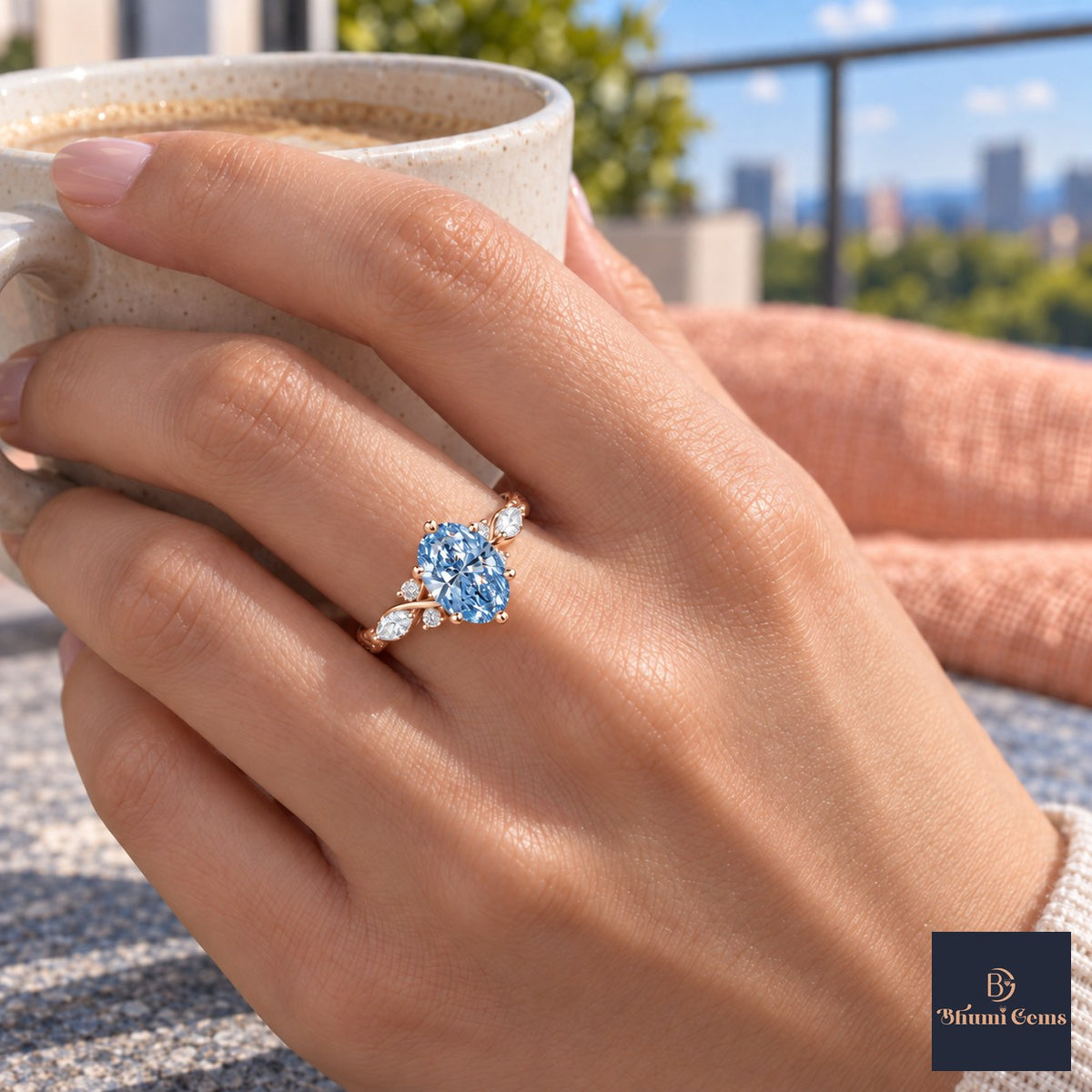 Blue Oval Cut Lab Grown Diamond Engagement Ring - Leaf Cluster Shoulders in rose gold, on the hand