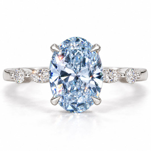 Blue Oval Cut Lab Grown Diamond Engagement Ring - Marquise and Round Accents in white gold, front view