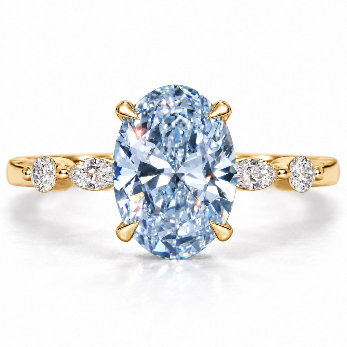 Blue Oval Cut Lab Grown Diamond Engagement Ring - Marquise and Round Accents in yellow gold, front view
