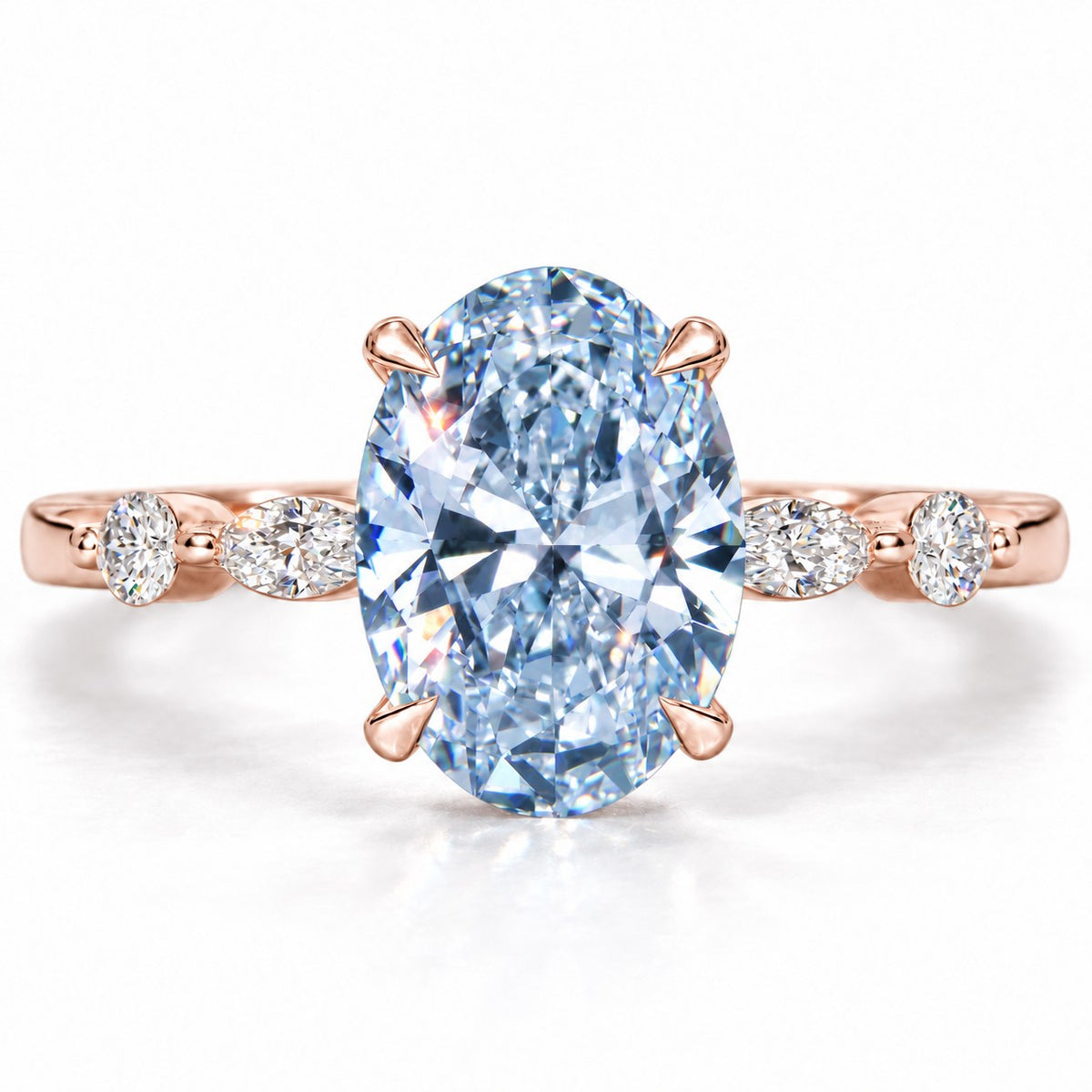 Blue Oval Cut Lab Grown Diamond Engagement Ring - Marquise and Round Accents in rose gold, front view