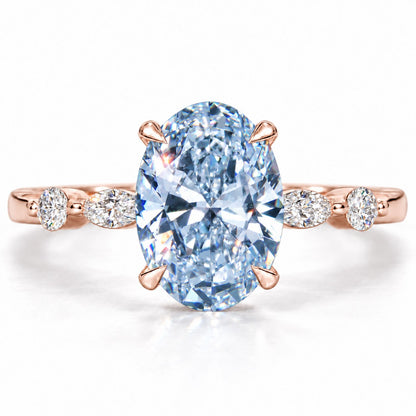 Blue Oval Cut Lab Grown Diamond Engagement Ring - Marquise and Round Accents in rose gold, front view