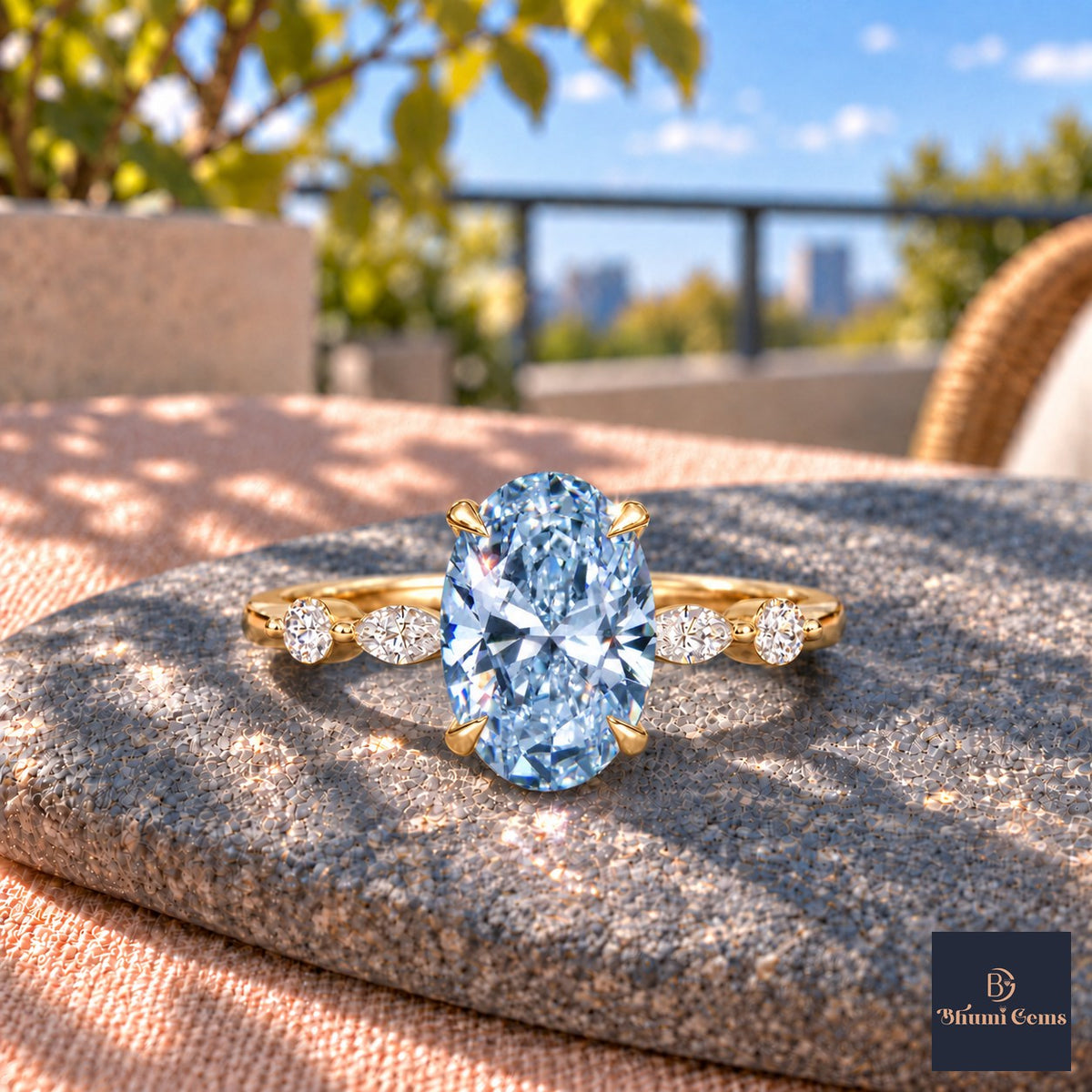 Blue Oval Cut Lab Grown Diamond Engagement Ring - Marquise and Round Accents in yellow gold, close-up