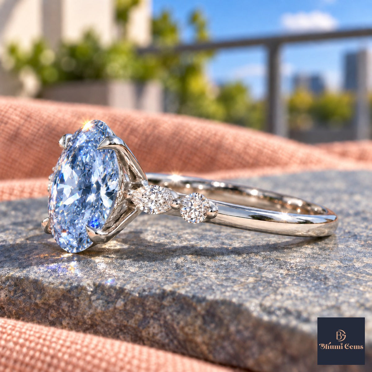 Blue Oval Cut Lab Grown Diamond Engagement Ring - Marquise and Round Accents in white gold, side view