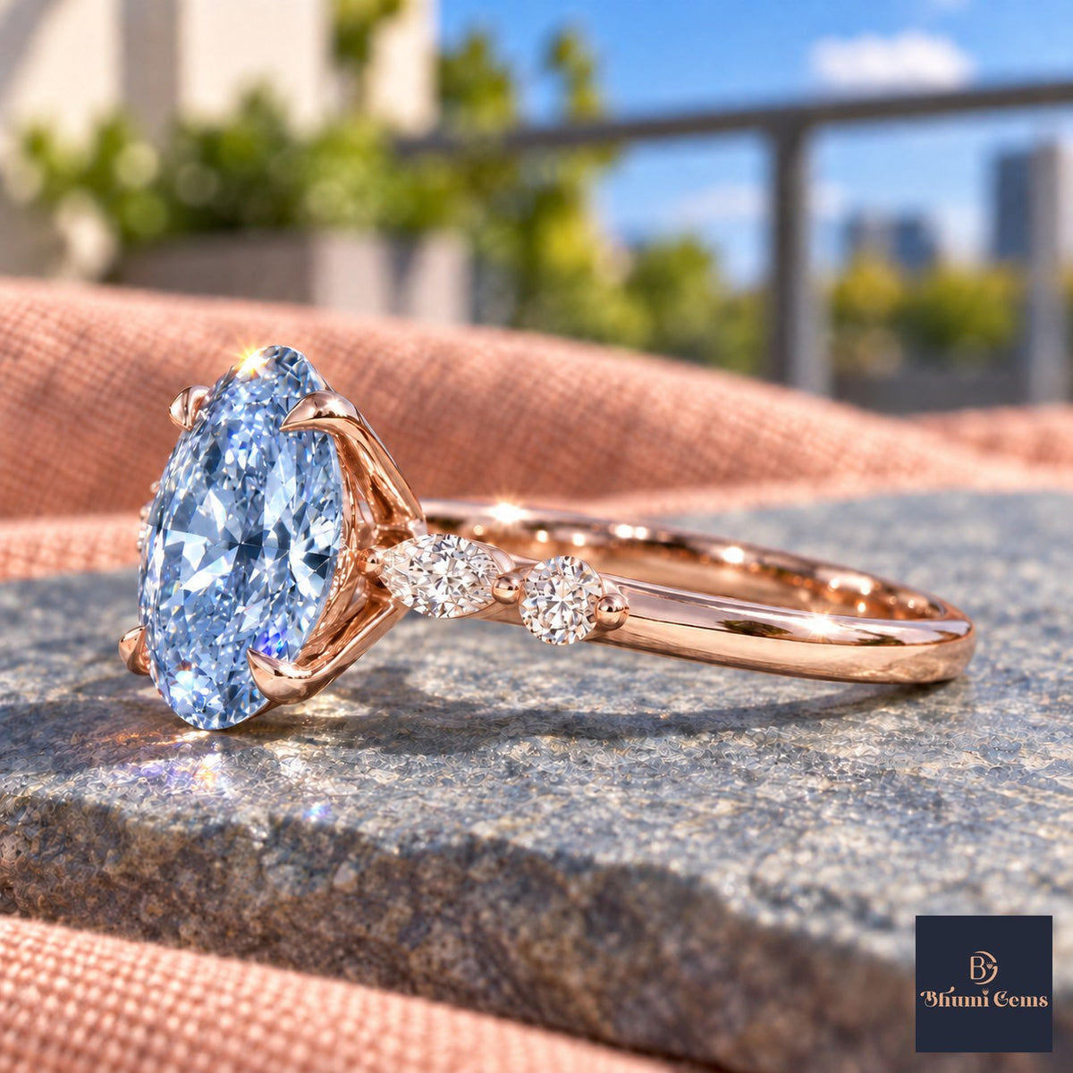 Blue Oval Cut Lab Grown Diamond Engagement Ring - Marquise and Round Accents in rose gold, side view