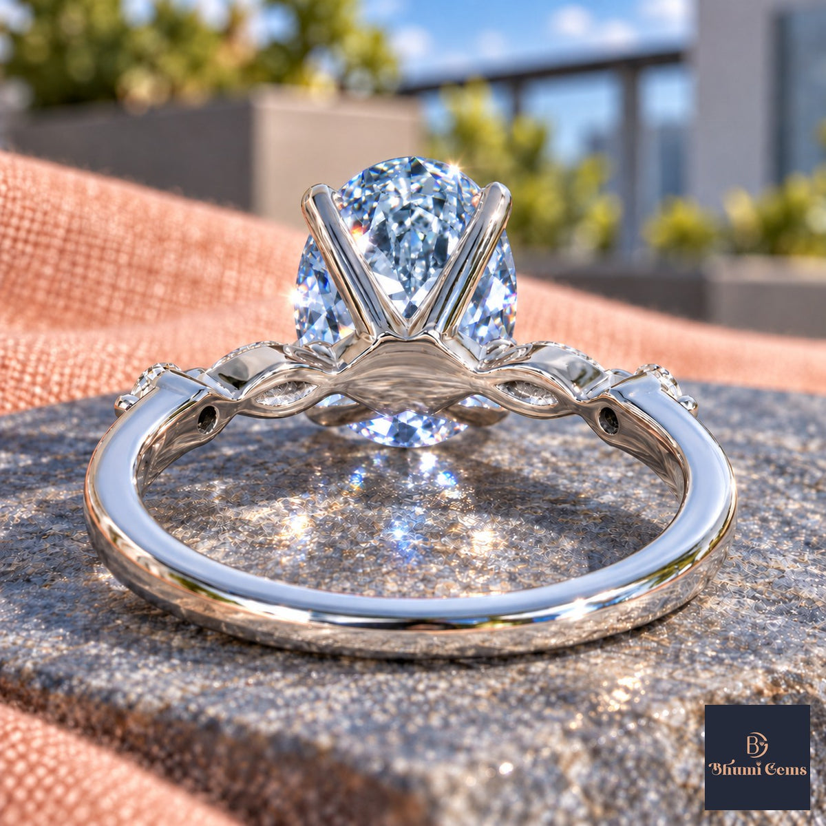 Blue Oval Cut Lab Grown Diamond Engagement Ring - Marquise and Round Accents in white gold, gallery view