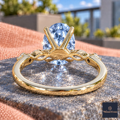 Blue Oval Cut Lab Grown Diamond Engagement Ring - Marquise and Round Accents in yellow gold, gallery view