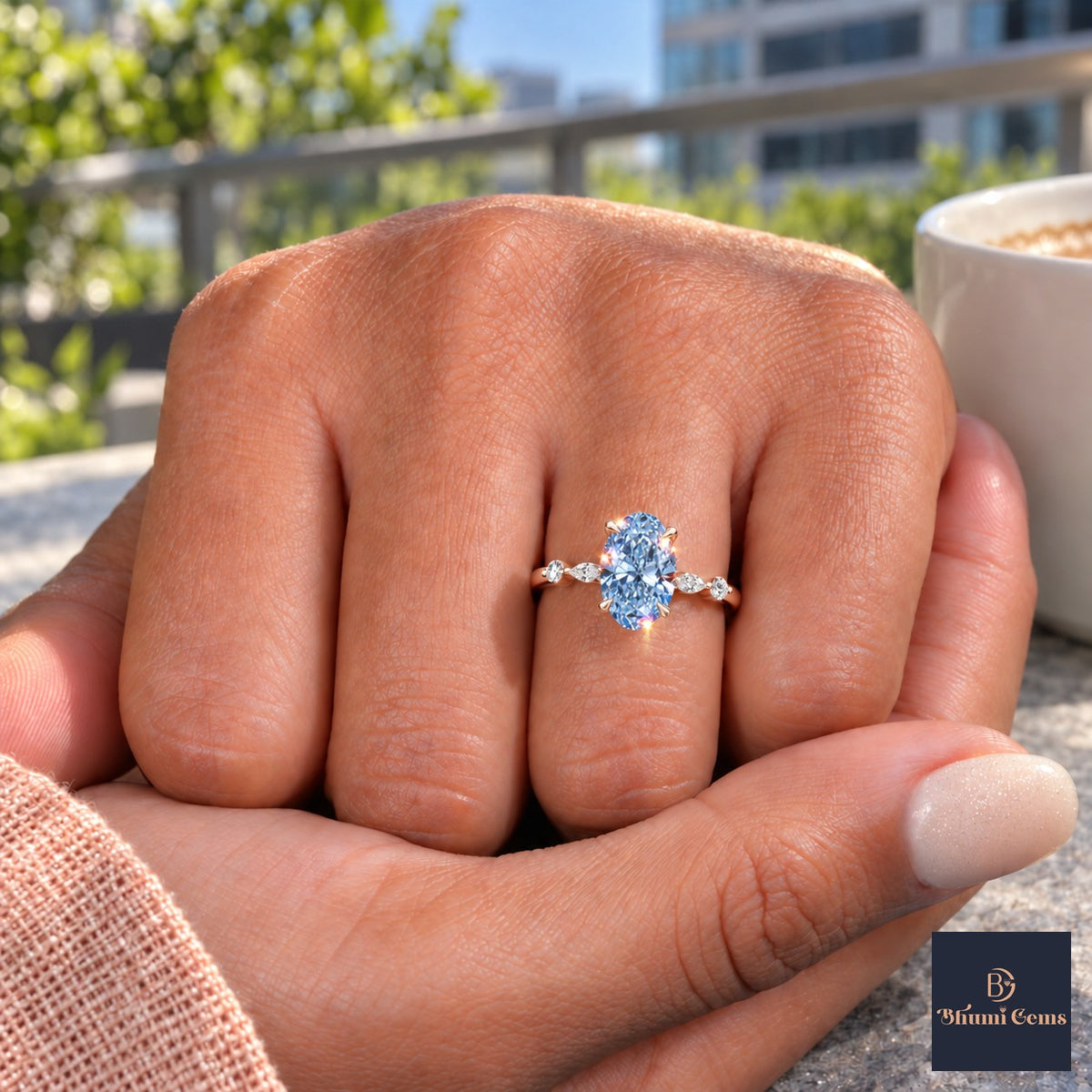 Blue Oval Cut Lab Grown Diamond Engagement Ring - Marquise and Round Accents in rose gold, on the hand
