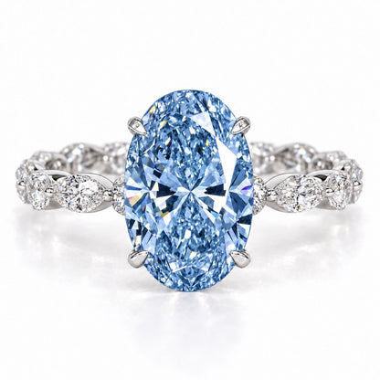 Blue Oval Cut Lab Grown Diamond Engagement Ring - Navette Band in white gold, front view