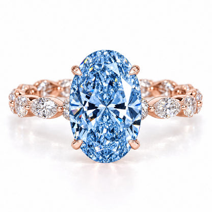 Blue Oval Cut Lab Grown Diamond Engagement Ring - Navette Band in rose gold, front view