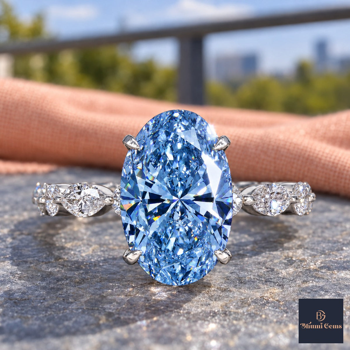 Blue Oval Cut Lab Grown Diamond Engagement Ring - Navette Band in white gold, close-up