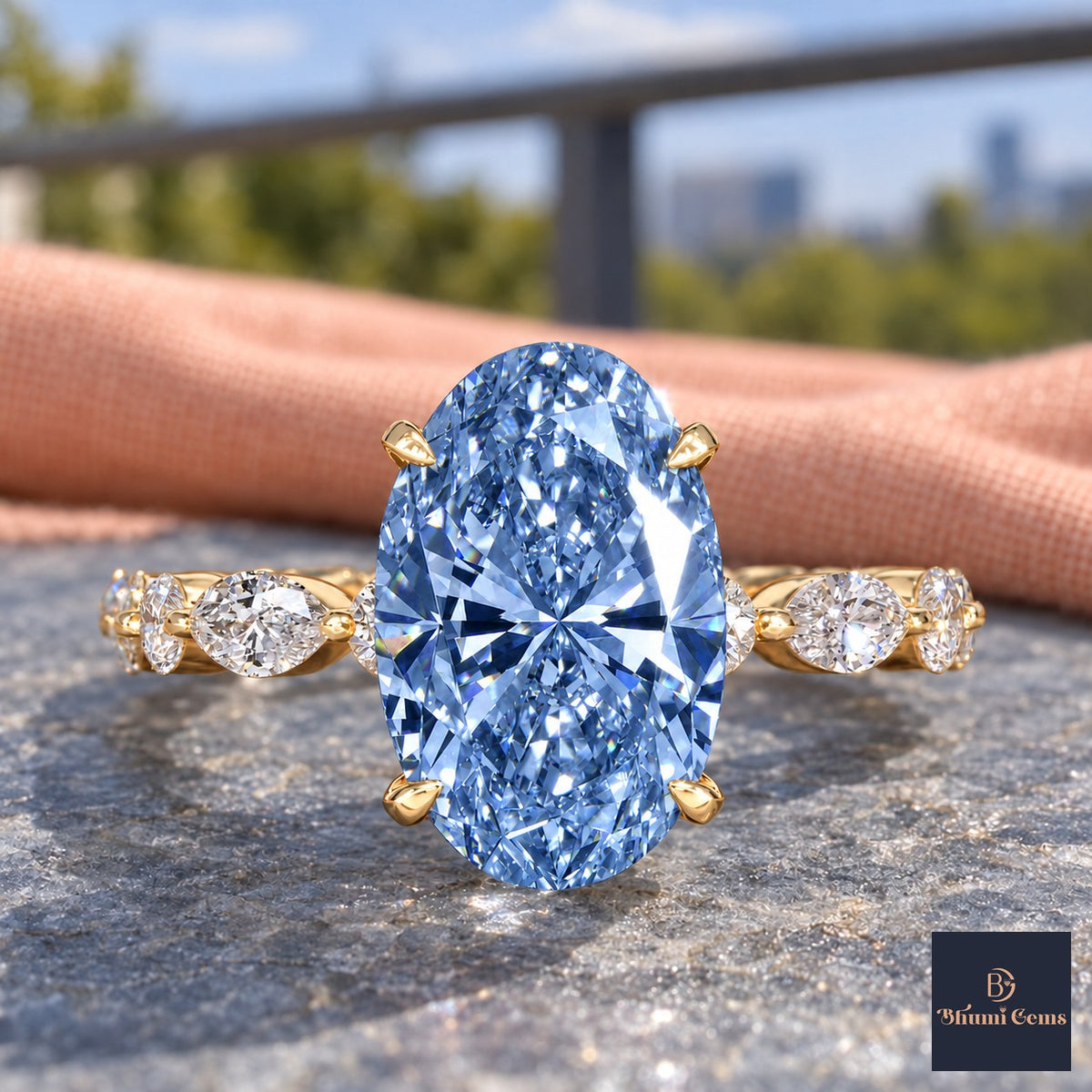 Blue Oval Cut Lab Grown Diamond Engagement Ring - Navette Band in yellow gold, close-up