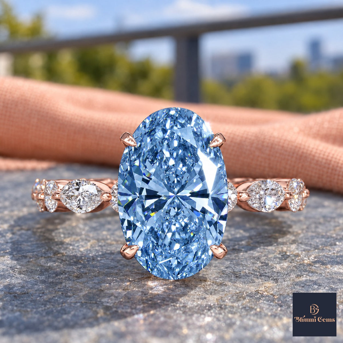 Blue Oval Cut Lab Grown Diamond Engagement Ring - Navette Band in rose gold, close-up