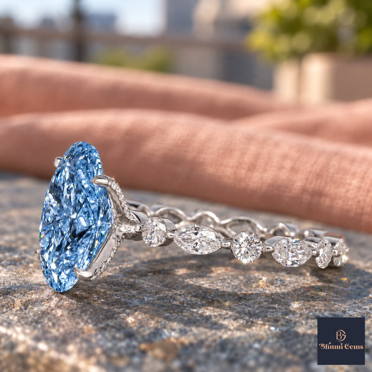 Blue Oval Cut Lab Grown Diamond Engagement Ring - Navette Band in white gold, side view