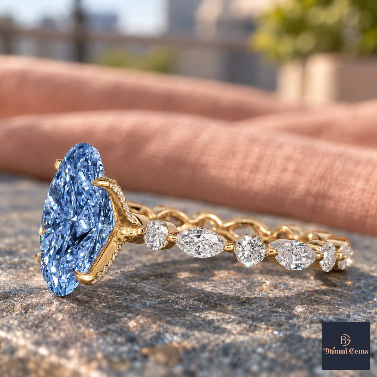 Blue Oval Cut Lab Grown Diamond Engagement Ring - Navette Band in yellow gold, side view