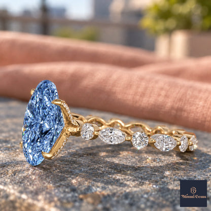 Blue Oval Cut Lab Grown Diamond Engagement Ring - Navette Band in yellow gold, side view