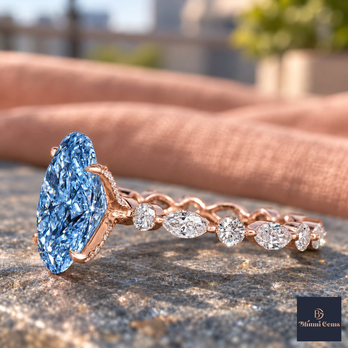 Blue Oval Cut Lab Grown Diamond Engagement Ring - Navette Band in rose gold, side view