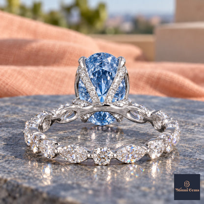 Blue Oval Cut Lab Grown Diamond Engagement Ring - Navette Band in white gold, gallery view