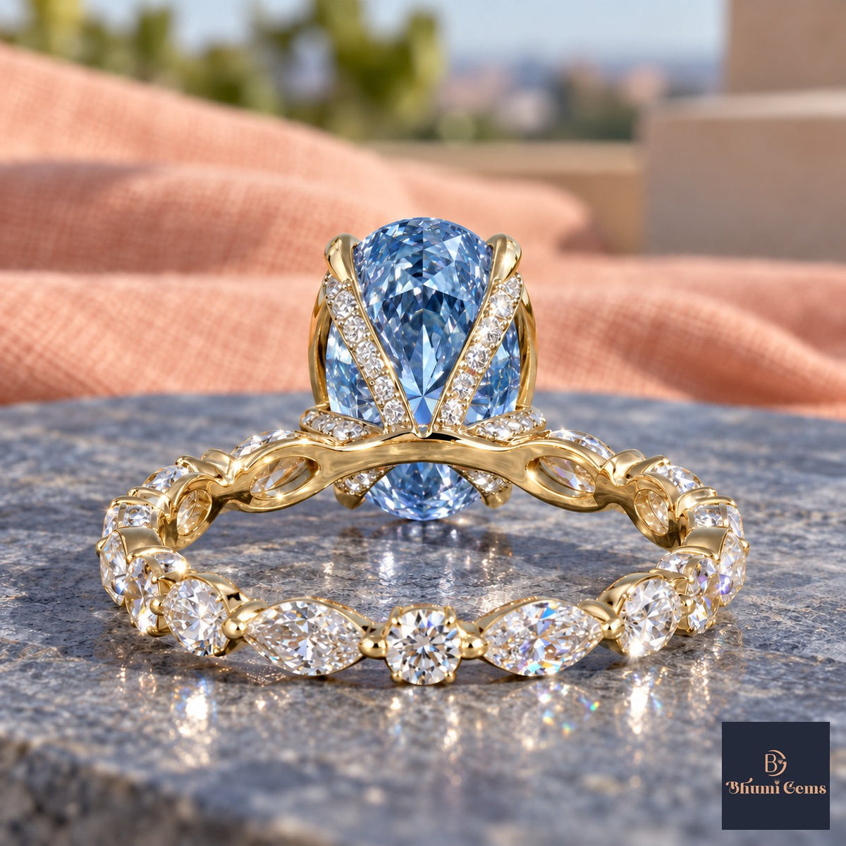 Blue Oval Cut Lab Grown Diamond Engagement Ring - Navette Band in yellow gold, gallery view