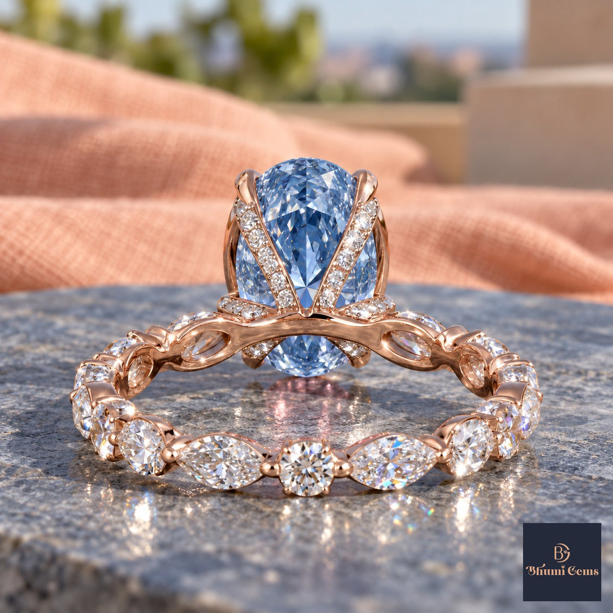 Blue Oval Cut Lab Grown Diamond Engagement Ring - Navette Band in rose gold, gallery view