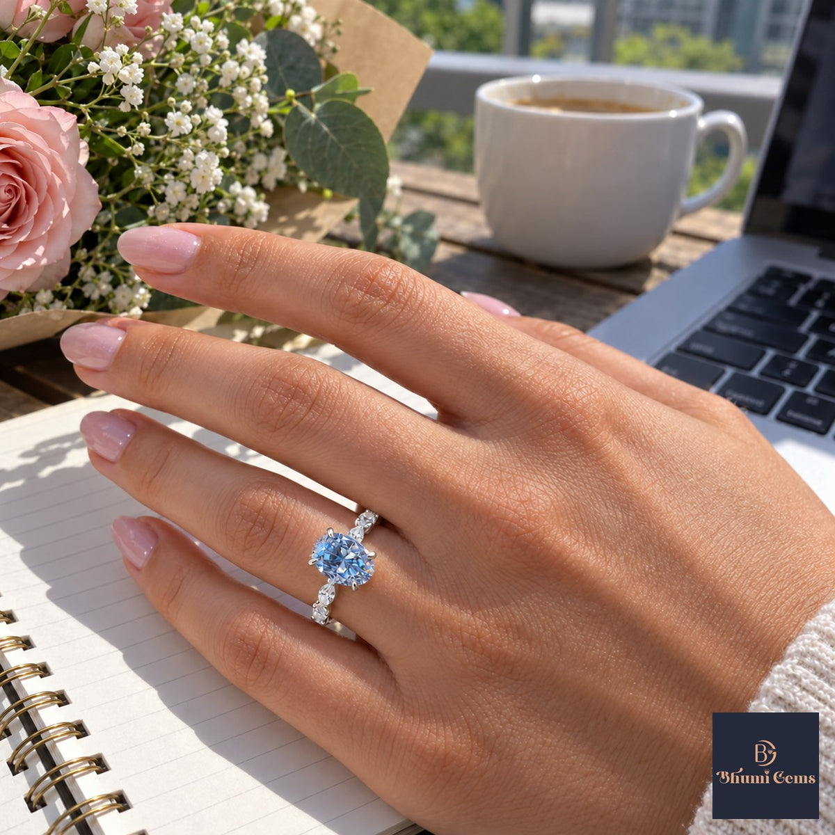Blue Oval Cut Lab Grown Diamond Engagement Ring - Navette Band in white gold, worn on the hand