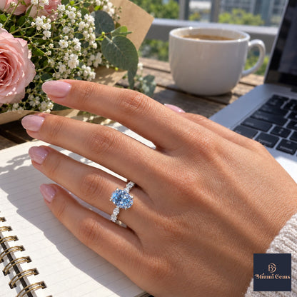 Blue Oval Cut Lab Grown Diamond Engagement Ring - Navette Band in white gold, worn on the hand