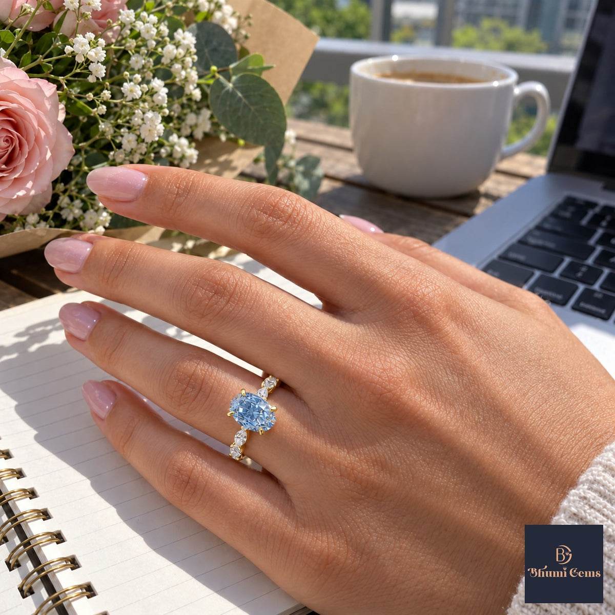 Blue Oval Cut Lab Grown Diamond Engagement Ring - Navette Band in yellow gold, worn on the hand