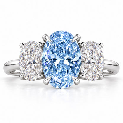 Blue Oval Cut Lab Grown Diamond Engagement Ring - Oval Three Stone in white gold, front view