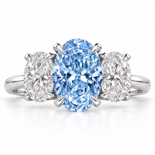 Blue Oval Cut Lab Grown Diamond Engagement Ring - Oval Three Stone in white gold, front view
