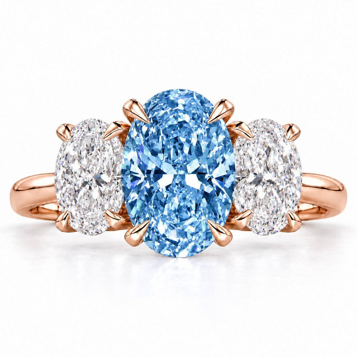 Blue Oval Cut Lab Grown Diamond Engagement Ring - Oval Three Stone in rose gold, front view