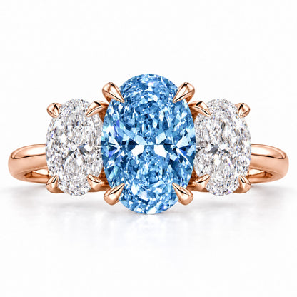 Blue Oval Cut Lab Grown Diamond Engagement Ring - Oval Three Stone in rose gold, front view