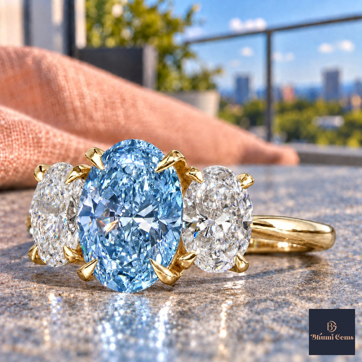 Blue Oval Cut Lab Grown Diamond Engagement Ring - Oval Three Stone in yellow gold, close-up