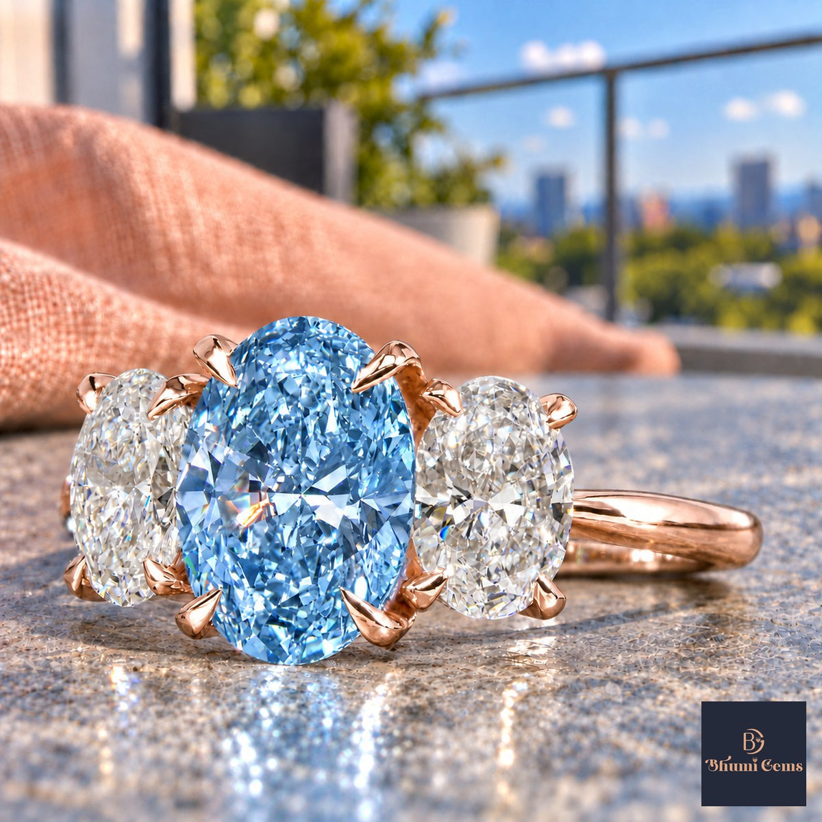 Blue Oval Cut Lab Grown Diamond Engagement Ring - Oval Three Stone in rose gold, close-up
